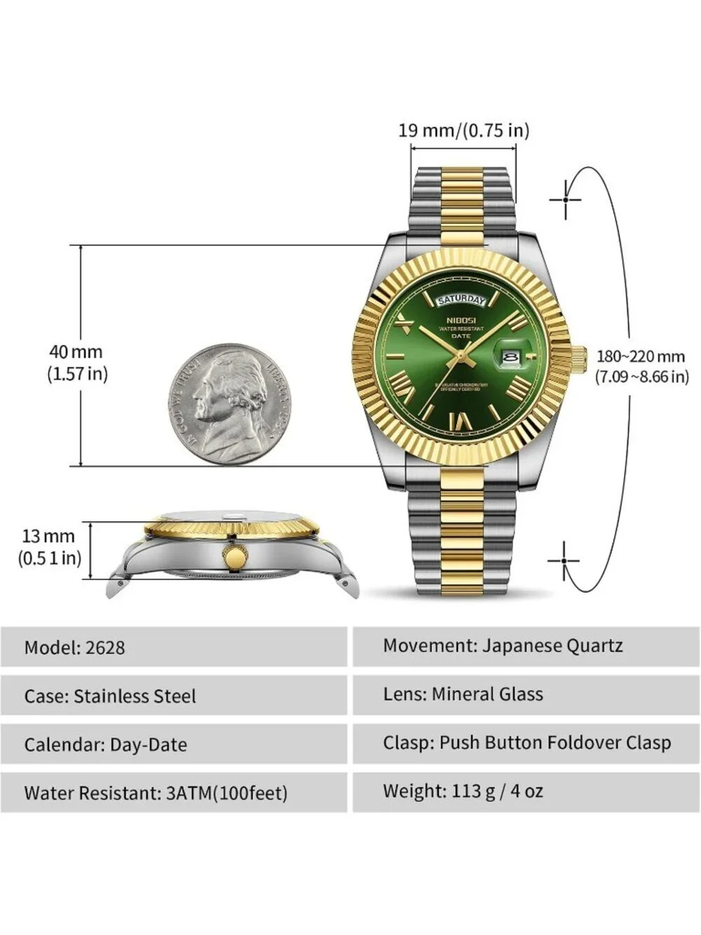 Nibosi Men's Silver Gold Analog Quartz Green Face Waterproof Desiger Wrist Watch